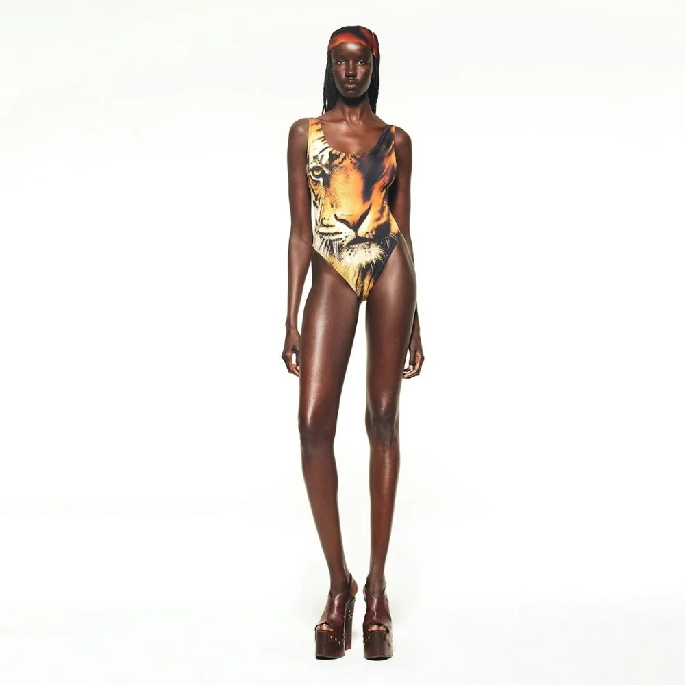 BB1. NWT SKIMS X ROBERTO CAVALLI SCOOP NECK ONE PIECE IN TIGER FACE PRINT